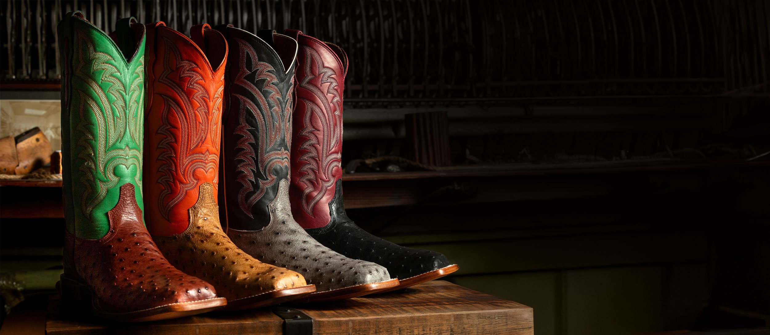 A line up of the Damilano 13” Full Quill Ostrich boots in multiple colors.